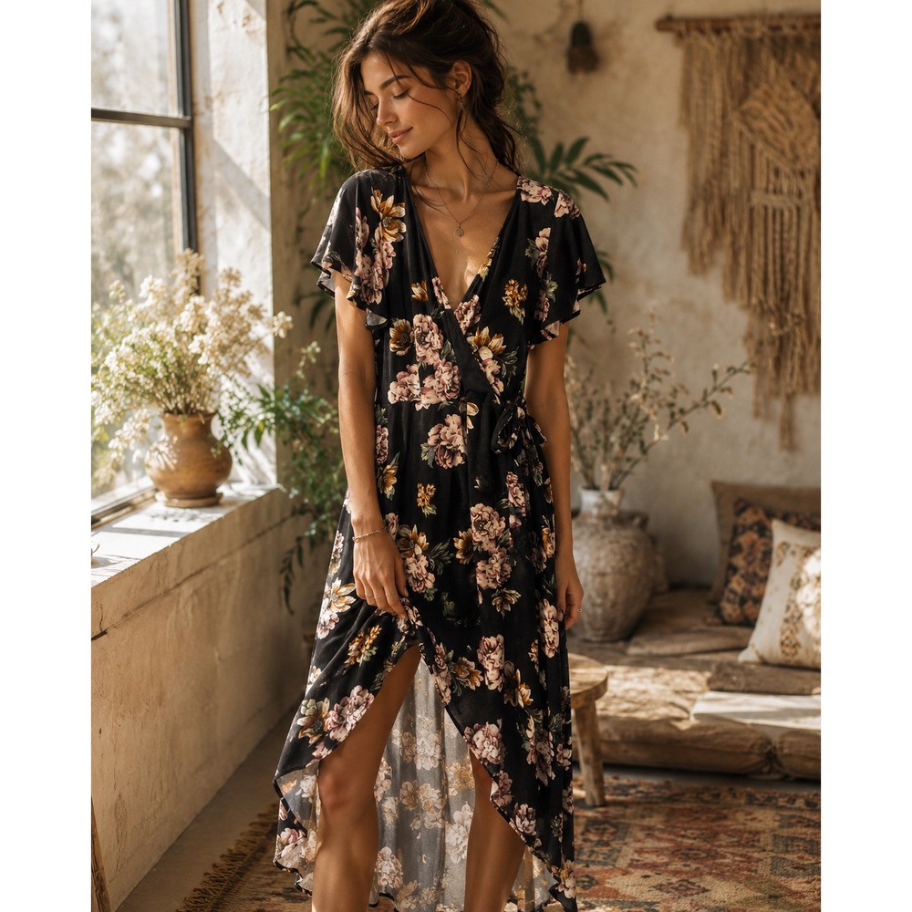 Fortune & Ivy Floral Wrap Asymmetrical Dress in Black and Pink